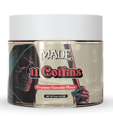 11 Coffins Indica Big Buds • Indoor • scale 28g THC: 27.52% THC/$: 22.9 mg