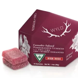 1:1 Pomegranate Hybrid Gummy • CBD • 20pcs, THC: 100.00 mg CBD: 100.00 mg THC/$: 5.9 mg CBD/$: 5.9 mg